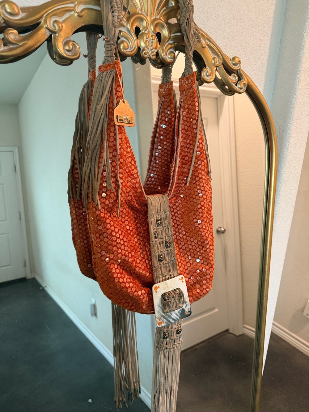 Sequined Orange Fringe Hobo Bag